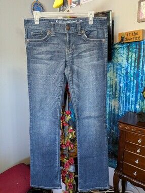 Vintage GUESS Women's Grey-Blue Daredevil Boot-Cut Jeans, Size 29